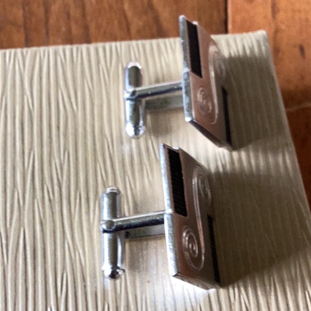 Vintage Signed Rectangular Silver Tone Swirl & Bl… - image 2